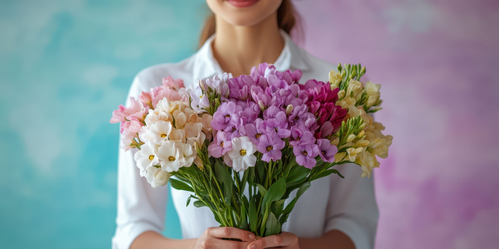 Woman holding a beautiful bouquet of mixed flowers with a colorful background in a bright setting